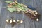 Tulip bulbs and shovel over wooden table