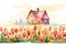 Tulip field with a cottage, Watercolor, Tranquil and peaceful, Soft lighting with warm