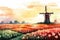 Tulip field with a windmill, Watercolor, Nostalgic and charming