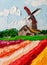 Tulip Fields and Windmill, oil painting.