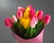 Tulip flowers bouquet, close-up view, gray background