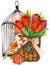 Tulip Flowers, canary bird and decorative birdcage. watercolor