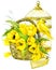 Tulip Flowers, canary bird and decorative birdcage. watercolor