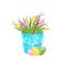 Tulip flowers and pussy-willow branches in blue bucket, painted Easter eggs on floor. Spring holiday. Flat vector