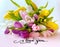 Tulips Bouquet of pink yellow lilac abstract white blue festive holiday background Concept for Valentine`s Day, Women  day ,Wedd