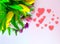 Tulips Bouquet pink  yellow living coral  hearts Concept for Valentine`s Day, womens day ,Wedding , lettering best wishes Top view