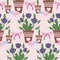 Tulips in cute pots, seamless pattern design