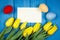 Tulips and Easter eggs wrapped woolen string, copy space for text on sheet of paper