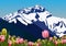 Tulips field with white snow on mount everest background