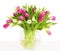 Tulips flowers bouquet in vase, white background