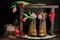 Tulips and gifts on a wooden bench