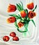 Tulips in a glass jug with peaches on a classy background. Painting: oil on canvas.