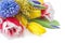 Tulips, mimosa and hyacinth bouquet on white background, closeup