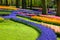 Tulips and muscari hyacinths facing the lake at Keukenhof Gardens, Lisse, South Holland. Photographed in HDR high dynamic range.