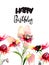 Tulips and Peony flowers with title Happy Birthday