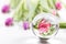 tulips and reflection in a glass bowl.