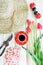 Tulips,straw hat , garden tools,coffee and wooden lady bugs ornaments