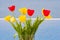 Tulips in a vase by a swimming pool in Pomos, Cyprus