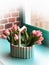 Tulips on the windowsill. Pink Flowers in Decorative Pot. White Ramp Picture
