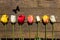 Tulips on a wooden background with a butterfly shadow