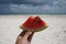 Tulum beach, watermelon, white sand and blue sky, Carribean sea