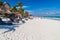 TULUM, MEXIO - FEB 29, 2016: Tourists enjoy the Caribbean beach in Tulum, Mexi