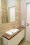 Tumba with overhead washbasin in the bathroom. Ecominimalism