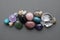 Tumbled gems of various colors. Amethyst, rose quartz, agate, apatite, aventurine, rock crystal, turquoise