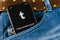 Tumblr application icon on Apple iPhone X smartphone screen close-up in jeans pocket. Tumblr plus app icon. Tumblr is internet onl