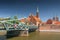 Tumski Bridge, connecting old town and Sand Island of Wroclaw with Cathedral Island or Ostrow Tumski , Poland.