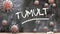 Tumult and covid virus - pandemic turmoil and Tumult pictured as corona viruses attacking a school blackboard with a written word