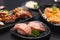 Tuna burn Nigiri, Sushi Tuna burn, Japanese food on ceramic dish, Japanese food style, Japanese menu, sushi tuna, maguro sushi on