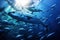 Tuna in the deep blue ocean. Underwater world. 3d rendering, A large school of tuna in a deep blue ocean, Philippines, AI