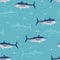 Tuna fish seamless pattern. Vector illustration of fish in the blue sea.