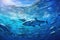 Tuna fish swimming in the ocean. Underwater world. 3d rendering, A large school of Trevally in a deep blue tropical ocean, AI