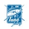 Tuna fishing icon with crossed rods, fish and hook
