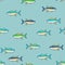 Tuna pixel art pattern seamless. pixelated tunny Seafood fish background. 8 bit vector texture