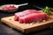 Tuna sashimi on cutting board. Raw fresh tuna fish on wooden table, closeup view of a fresh raw tuna steak on cutting, AI