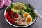 Tuna strawberries avocado egg and spinach salad. Tuna fish salad.