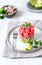 Tuna tartare tartar with avocado and quinoa. gourmet presentation with culinary ring on wite plate