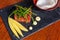 Tuna tataki - light grilled tuna in sesame seed coating served with citrus sauce and wasabi mayonnaise