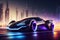 Tuned Sport Car , cyberpunk Sports Car On Neon Highway. Powerful acceleration of a supercar on a night track with colorful lights