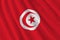 Tunisia flag with big folds waving close up under the studio light indoors. The official symbols and colors in banner