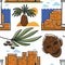Tunisia symbols palm tree and ancient ruins mask and date fruits