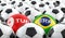 Tunisia vs. Brazil Soccer Match - Leather balls in Tunisia and Brazil national colors.