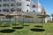 TUNISIA, YASMINE HAMMAMET - APRIL 27, 2019: the parasols of the hotel Lella Baya