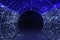 Tunnel and illuminations of blue white on a black dark background. New Year`s Eve Christmas. Photoona festive atmosphere