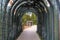 A tunnel on a long winding footpath in the garden with a brown wooden swing on the path with lush green trees