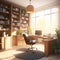 tunning office workspace bathed in warm sunlight featuring a large wooden desk shelves books