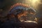 A Tuojiangosaurus sun on a of boulders its vivid plumes catching the light.. AI generation